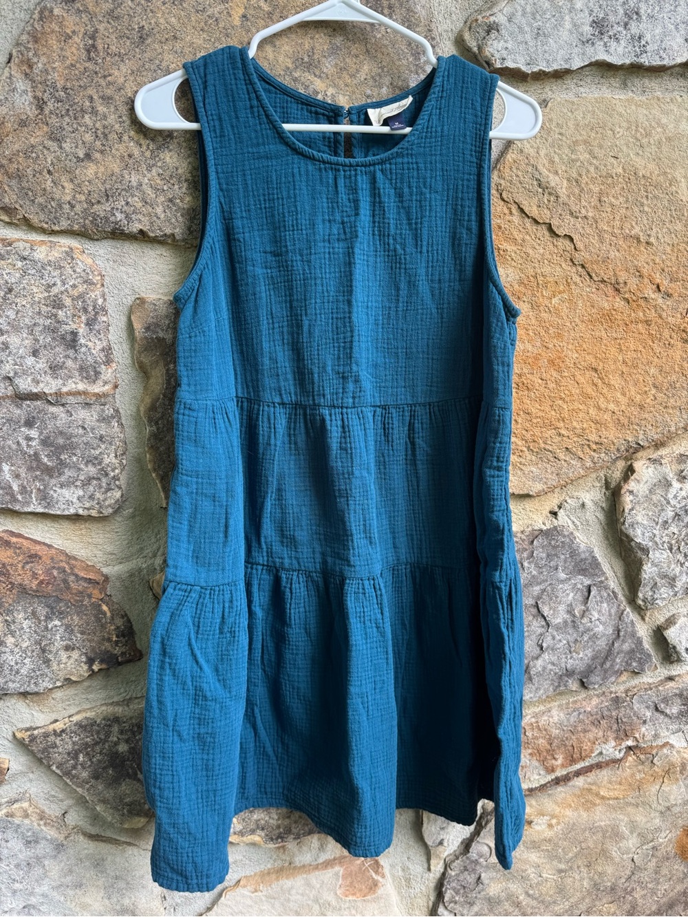 Teal 100% Cotton Gauze Coastal Tiered Mini Shift Dress Medium Summer Beach